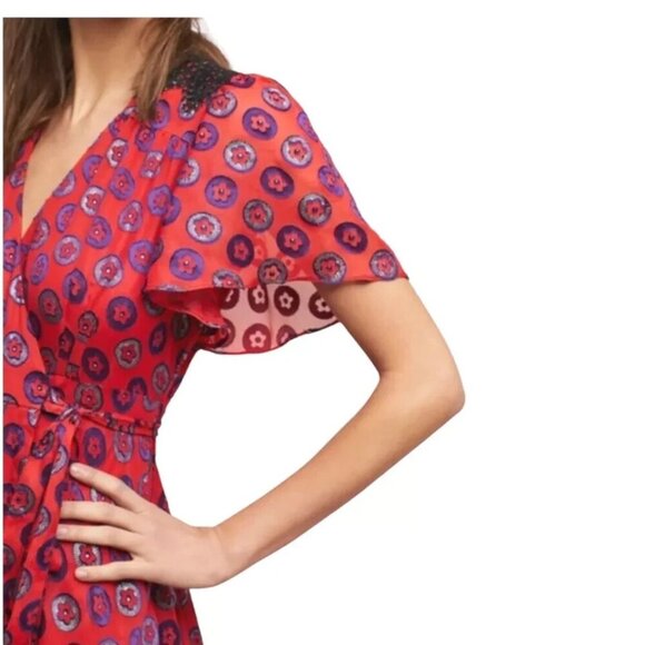 Anthropologie Kopal Adria Flutter Sleeve Wrap Dress Red Velvet Burnout - Picture 1 of 16